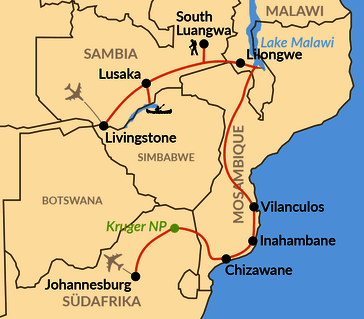 Karte: Von den Victoriafällen zum Kruger-Nationalpark